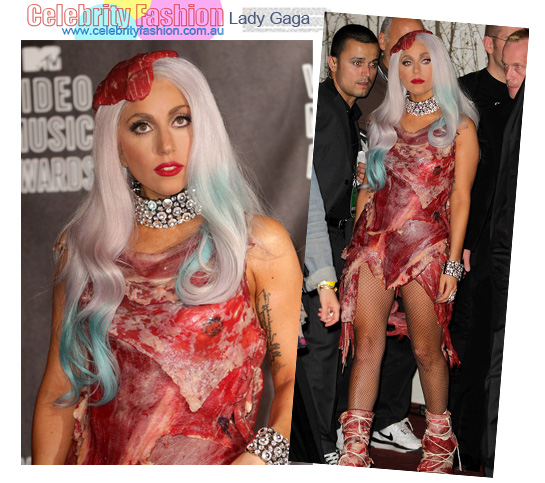 lady gaga meat dress costume. lady gaga meat dress pics.