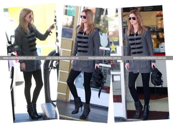 Nicky Hilton's style=Military Sweater+Ankle Boots